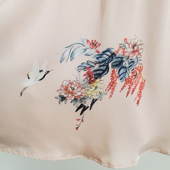 NWOT MNG Mango Floral Bell Sleeve Satin Dress Pink 4 - Picture 9 of 13